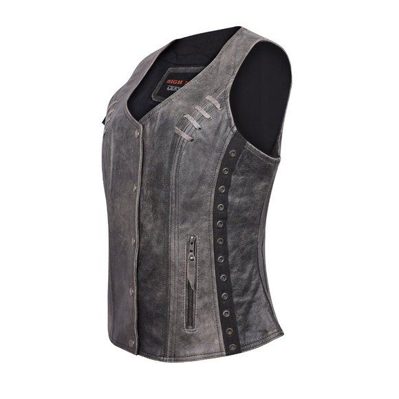 Ladies Lightweight Distressed Gray Leather Vest with Grommeted Twill and Lace - Picture 2 of 6